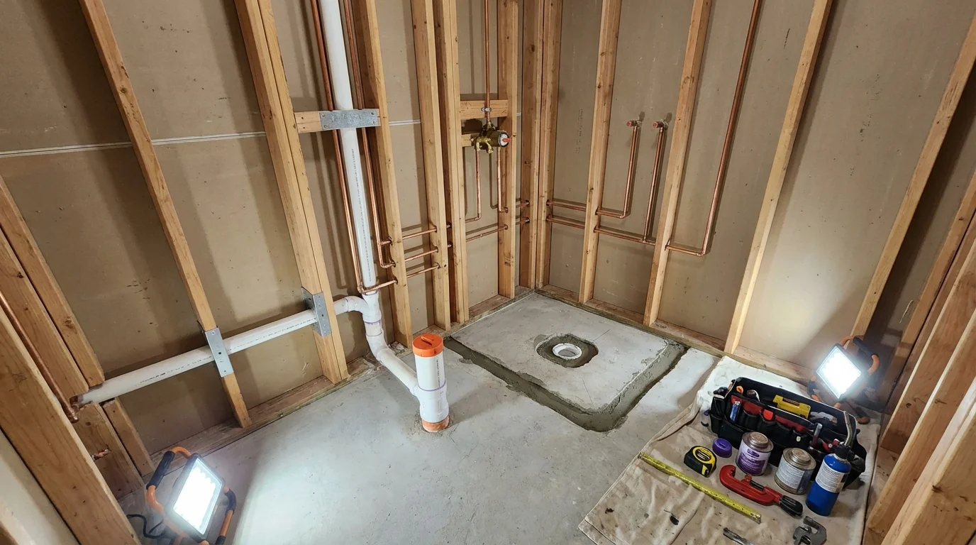 Bathroom rough-in plumbing during remodel by Johns Plumbing LLC in Lake Zurich