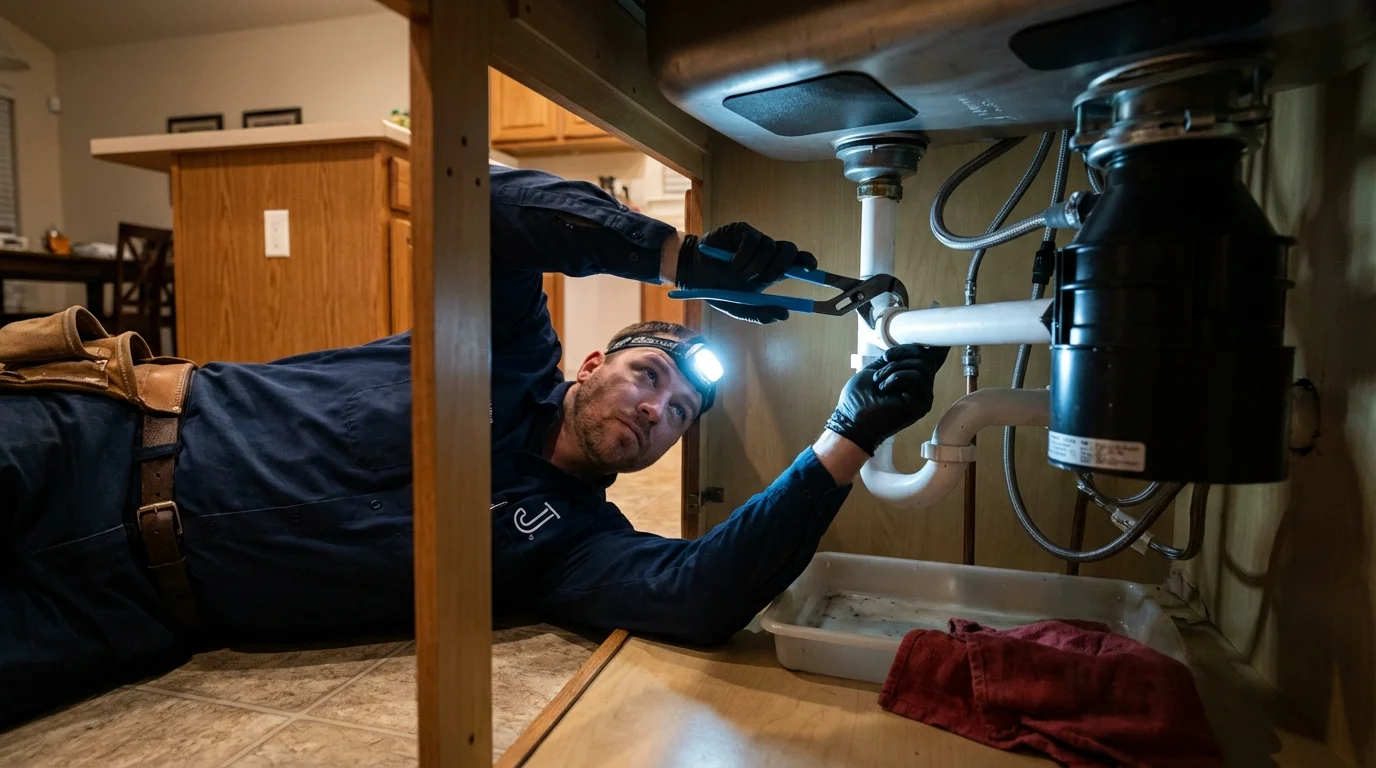 P-trap and supply line connections under a kitchen sink showing a common leak point in Lake Zurich, IL
